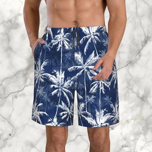 2026 New Design <b>Men</b>’s Navy Blue Palm Tree Print Swim Shorts Quick Dry Beach <b>Trunks</b>, Summer Holiday Surf and Pool Swimwear - Product Image 1