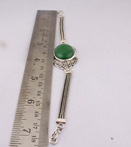 Natural Green Jade <b>Silver</b> Vintage Anniversary Handcrafted Filigree Oval Cabochon Chain <b>Cuff</b> <b>Bracelet</b> 925 Sterling <b>Silver</b> Jewelry - Product Image 2