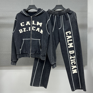 Ensemble sweat-shirt et pantalon de survêtement en coton 100% de haute qualité, personnalisé, avec broderie vieillie et effet délavé, pour homme - Product Image 5