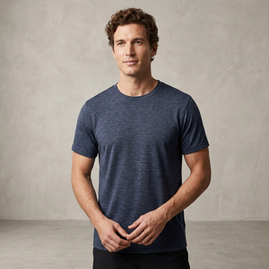 T-shirt d'été décontracté pour homme, coupe classique, bleu marine uni, manches courtes, col rond, 100% coton, tricoté, respirant - Product Image 6