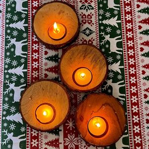 Rustic Wooden <b>Tea</b> Light <b>Candle</b> Holders, Natural Wood Slice with Bark Edge, Set - Product Image 3