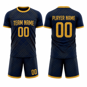 Ensemble de maillots de football d'extérieur personnalisés par sublimation, haute qualité, motif géométrique bleu et or, unisexe, sans manches, anti-humidité - Product Image 1