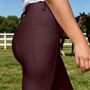 Nuevos pantalones de equitación para mujer, de secado rápido, color burdeos, con cremallera, cintura media, largos, elásticos, con botones para montar a caballo - Product Image 5