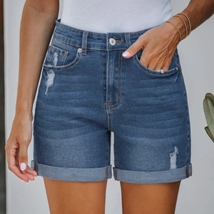 Shorts de Mezclilla de Cintura Alta para Mujer, Color Sólido, Botones Frontales, Lavado Desgastado, Dobladillo con Volantes, Estilo Casual de Verano, Calidad Superior - Product Image 5