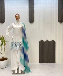 Designer Exclusive Women's Farsi Salwar Kameez Silver Siffon Printed Moss Satin <b>Fabric</b> Organza Dupatta Wedding <b>Indian</b> Pakistani - Product Image 6