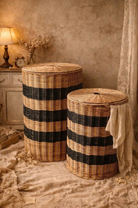 Cesta de Almacenamiento Tejida de Ratán Natural con Tapa, Forma Circular, Rayas Negras y Beige, 40x55cm y 31x46cm, para Almacenamiento de Ropa - Product Image 2