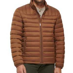 IMPROVEMENTS SPORTS Men's Brown Quilted Puffer Jacket Stand Collar <b>Covered</b> <b>Button</b> Closure Windproof Casual Outerwear Winter Wear - Product Image 1