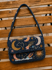 Bolso Bandolera de Lujo Hecho a Mano con Cuentas y Patrón de Luna y Estrella, Bolso de Hombro Seguro y Resistente con Diseño de Bordado Colorido - Product Image 1