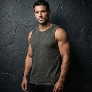 T-shirt musculaire technique en coton épais pour homme, teint en pièce, texturé, sans manches, délavé à l'acide, style streetwear - Product Image 2