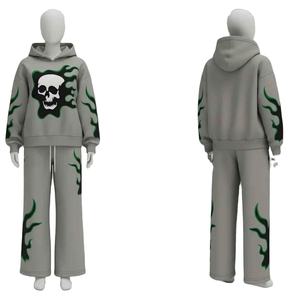 Conjunto de Sudadera con Capucha y Pantalones Deportivos de 2 Piezas para Hombre, Diseño Personalizado con Estampado de Calavera y Llamas, Ropa Deportiva Urbana, OEM ODM - Product Image 1