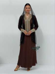 Awais House Women's Brown Embroidered Floor-Length Modest A-Line Silhouette Dress Beading V-Neck Long Sleeve Evening Natural - Product Image 4