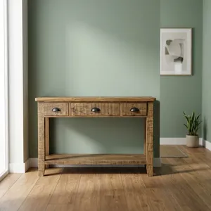 Console rustique en bois à 3 tiroirs avec étagère ouverte et finition naturelle pour salon et entrée - Product Image 6