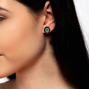 18K Designer Gold <b>Emerald</b> <b>Stud</b> Earrings Oval Shape Green <b>Emerald</b> Round Cut Lab Grown Diamond Black Enamel Fine Jewelry - Product Image 3