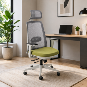 Chaise de bureau ergonomique KINSHA en maille avec appui-tête et accoudoirs réglables, dossier ouvert, base pivotante en plastique, design moderne, réglage électrique - Product Image 1