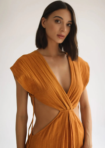 Robe longue minimaliste pour femme en gaze de coton orange, col en V profond, style bohème, respirante, légère, imprimé floral, idéale pour l'été et la plage - Product Image 3