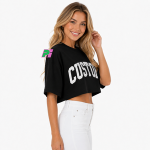 Camiseta Corta Negra para Mujer, con Estampado de Letras Personalizado, Cuello Redondo, Manga Corta, Corte Holgado, Informal, Primavera Verano, 100% Algodón Jersey - Product Image 3