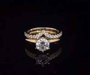 Bague de fiançailles en pierre naturelle taille brillant rond, or massif 18 carats, monture à griffes en or jaune, bande pavée, bijoux fins classiques unisexes - Product Image 1
