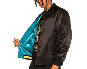 Men's Teal Satin Bomber Jacket With Yellow Black Trim Regular Fit Casual Autumn Wear - Product Image 5