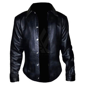SALVA LEATHER Men's <b>Black</b> Leather <b>Shirt</b> Long Sleeve <b>Button</b>-<b>Up</b> Turn-Down Collar Regular Fit Smart Casual Summer Breathable - Product Image 2