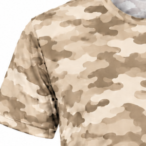 T-shirt camouflage beige pour homme, manches courtes, col rond, imprimé camouflage, léger, pour entraînement sportif, fitness, performance, vêtements de sport - Product Image 3
