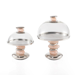 Stainless Steel Cake Dome Stand with Pink Stone Base <b>Set</b> of 8 Round Shape Non-Toxic Oven Safe <b>Hand</b> <b>Wash</b> Only - Product Image 1