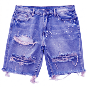 Men's Mid Waist Custom Button Fly Ripped Denim Bermuda <b>Shorts</b> With Rhinestone <b>Decoration</b> Washed Cotton Casual Style - Product Image 6