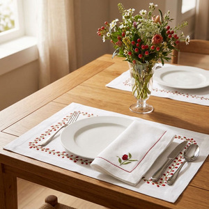 Custom Wholesale Embroidery Red Flower Patterns Placemat&Napkin Set for Home Restaurant Cotton Red Border Mats - Product Image 4