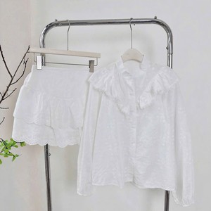 Elegant White Ruffle <b>Collar</b> <b>Lace</b> Top and A-Line Skirt Set for Women - Product Image 1