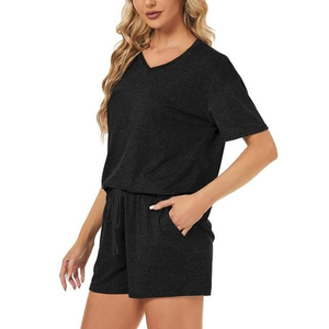 Conjunto de 2 Piezas para Mujer, Shorts y Camiseta de Manga Corta con Cuello en V, Color Sólido, Tejido Transpirable, Corte Holgado, Por Encima de la Rodilla, con Bolsillos, Casual, Primavera-Verano - Product Image 6