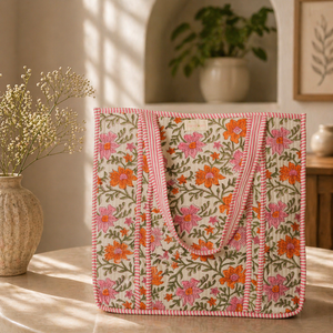 กระเป๋าถือผ้าฝ้ายลายดอกไม้สีส้มสีชมพูกระเป๋าผ้าสำหรับผู้หญิงกระเป๋าสะพายไหล่เป็นมิตรต่อสิ่งแวดล้อม - Product Image 1