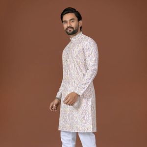 Designer Cotton <b>Kurta</b> <b>Pajama</b> Set with Lucknowi Work And Digital Print Weaving Silk Neck Design Antique Buttons - Product Image 5