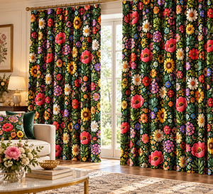 ผ้าม่านครัวลายดอกไม้สีดำสไตล์ชนบทแบบรางร้อยผ้าม่าน - Product Image 2