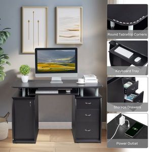 FCH 115* 55*74cm Black PB Wood 15mm Portable Computer Desk with 1pc Door and 3pcs Drawers 1pc Set - Product Image 6