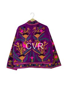 Manteau en velours pour femme grande taille, style bohème, broderie florale à la main, col mandarin, manches longues, vêtement d'extérieur décontracté pour l'automne - Product Image 2
