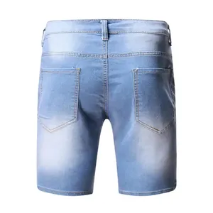 Shorts en jean rétro tendance pour homme, coupe ample décontractée, taille haute, tissage crocheté, effet vieilli, orné de cristaux - Product Image 4