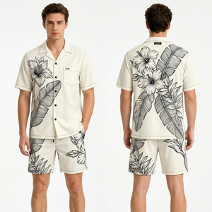 Ensembles de shorts hawaïens à motifs botaniques blancs, en polyester de qualité supérieure, légers, résistants aux plis, pour les vacances à la plage - Product Image 1
