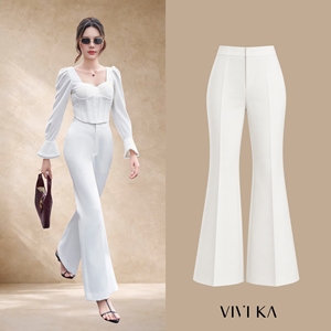 Pantalon large évasé taille haute blanc pour femme, coupe ajustée, élégant, pour le bureau ou décontracté, en polyester et élasthanne ALVA - Product Image 1