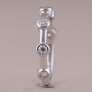 Prong-Set <b>Silver</b> Moissanite Station <b>Ring</b> with Rhodium Plated Bar Link <b>Band</b> Women Engagement Luxury Fine Jewelry - Product Image 1