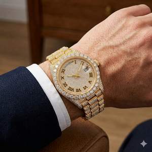 Montre-bracelet en or et diamants avec lunette ornée, cadran étincelant, chiffres romains, affichage du jour et de la date, artisanat élégant - Product Image 5
