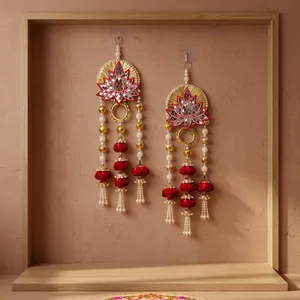 Hermosos pendientes colgantes florales de loto rojo con cadenas de perlas y cuentas doradas para bodas, fiestas, eventos festivos y moda étnica. - Product Image 1