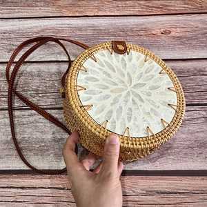 Exclusive Mother of Pearl Inlay Rattan Tote Bag Handmade Woven Shell Mosaic Designer Handbag for Resort Wear, <b>Travel</b> & <b>Gifting</b> - Product Image 1
