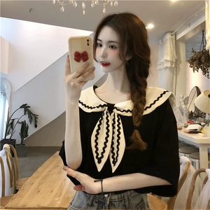เสื้อฮู้ดผู้หญิง คอปกกะลาสี เสื้อยืดผู้หญิงทรงหลวม สไตล์น่ารัก เสื้อผ้าแบบต่อผ้า ดีไซน์เนอร์มืออาชีพ เสื้อฮู้ดสไตล์มินิมอล - Product Image 1