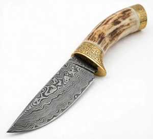 Herramienta de Colección Artesanal de Acero Damasco con Diseño de Gota de Lluvia, Mango de Asta de Ciervo Natural y Empuñadura de Latón Grabada - Product Image 3