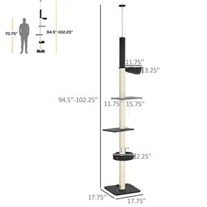Torre per Gatti a 5 Livelli Regolabile 95-106 cm, Nera e Crema, con Amaca, Tiragraffi e Pallina Giocattolo, Tiragraffi da Terra a Soffitto - Product Image 3
