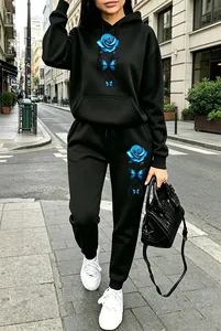 Ensemble de survêtement en molleton pour femme, 2 pièces, bleu uni, 100% coton biologique, sweat-shirt à capuche et pantalon de jogging - Product Image 5