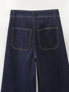Jean en denim décontracté bleu foncé à fermeture éclair, coupe ample mi-haute et jambe large, en tissu de bonne qualité, délavage neige, pour femme - Product Image 4