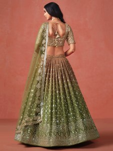 Lehenga Choli de Chifón Verde Oliva Bordado con Estampado Floral, Cuello en V, Manga Tres Cuartos, Largo hasta el Suelo, Silueta en A, Sin Espalda - Product Image 6