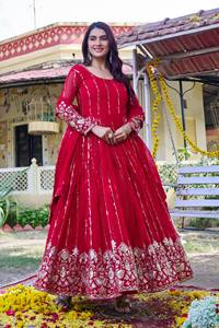 <b>Red</b> Faux Georgette Embroidered Anarkali Gown with Dupatta <b>Sequin</b> Floral Ethnic Wear for Wedding Party Diwali - Product Image 6