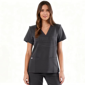 Women V Neck Scrub Tops Short Sleeve With Pockets Pink Cotton Polyester Hospital Uniforms - Product Image 4