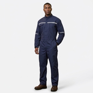 Combinaison de travail bleu marine pour hommes avec bandes réfléchissantes argentées, uniforme de sécurité à manches longues - Product Image 1